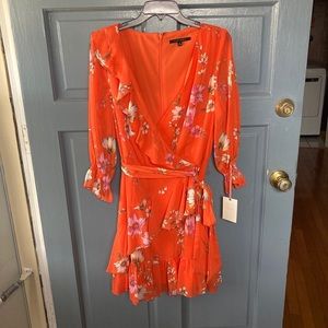 Orange Floral Faux Wrap Dress NWT